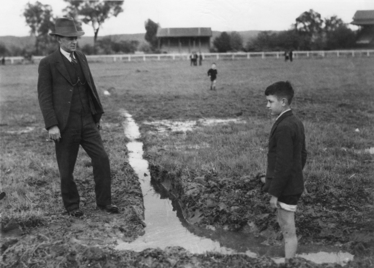  Wheel ruts left in mud at Albury Racecourse following the departure of the KLM 'Uiver' DC-2 