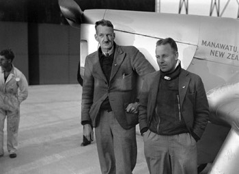 New Zealanders Henry Walker (L) and Malcolm McGregor (R) with their Miles M.2F Hawk Major 'Manawatu' at Mildenhall 