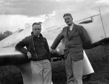  New Zealanders Henry Walker (L) and Malcolm McGregor (R) with their Miles M.2F Hawk Major 'Manawatu' at Mildenhall 